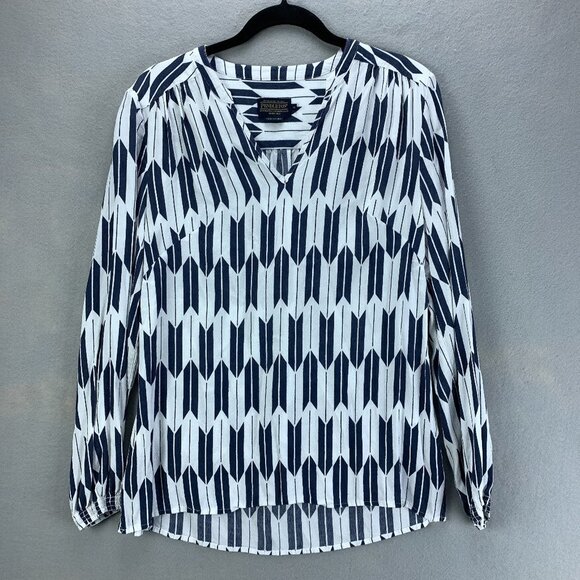 Pendleton Tops - Pendleton Blouse Womens Medium Blue White Pullover Woven Long Sleeve V Neck